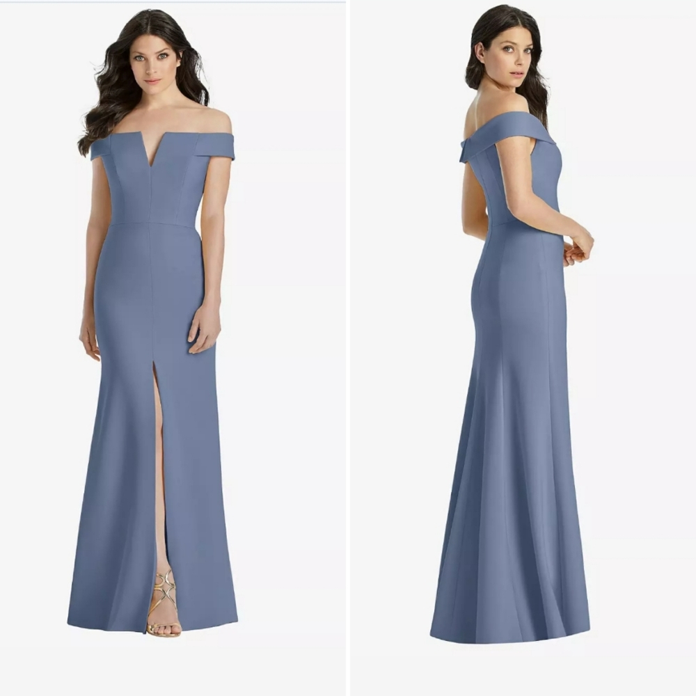 DESSY COLLECTION Larkspur Blue Off The Shoulder Notch Front Slit Trumpet Gown 6R